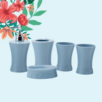 

5pcs/Set Plastic Bath Accessories Kit Cups Toothbrush Holder Soap Dish Dispenser Bathroom Suit (Blue)