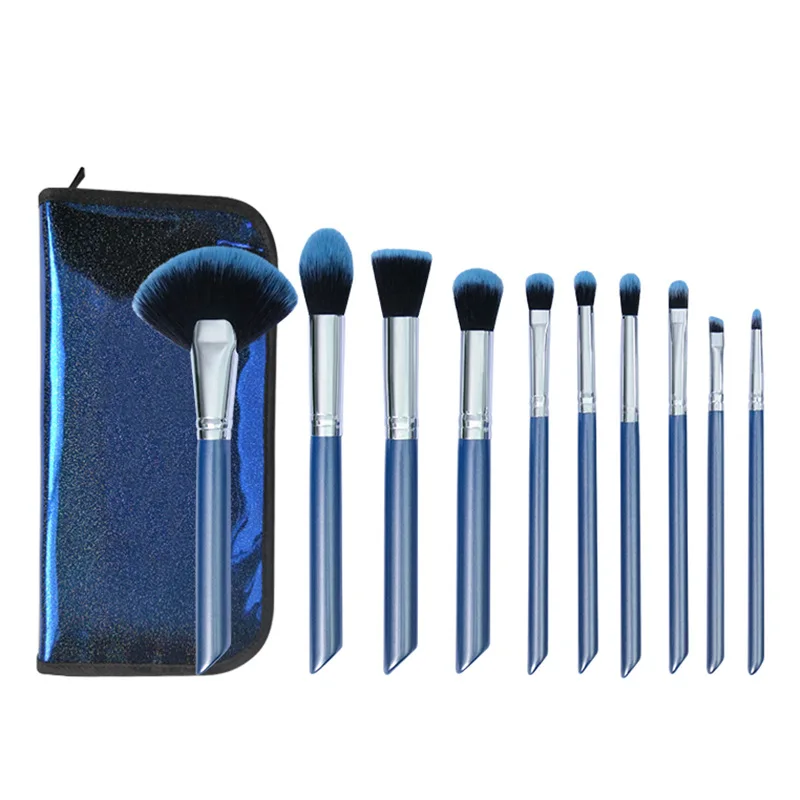 10Pcs Makeup Brushes High Quality Natural Hair Cosmetic Foundation Powder Blending Blush Makeup Brush Set Blue