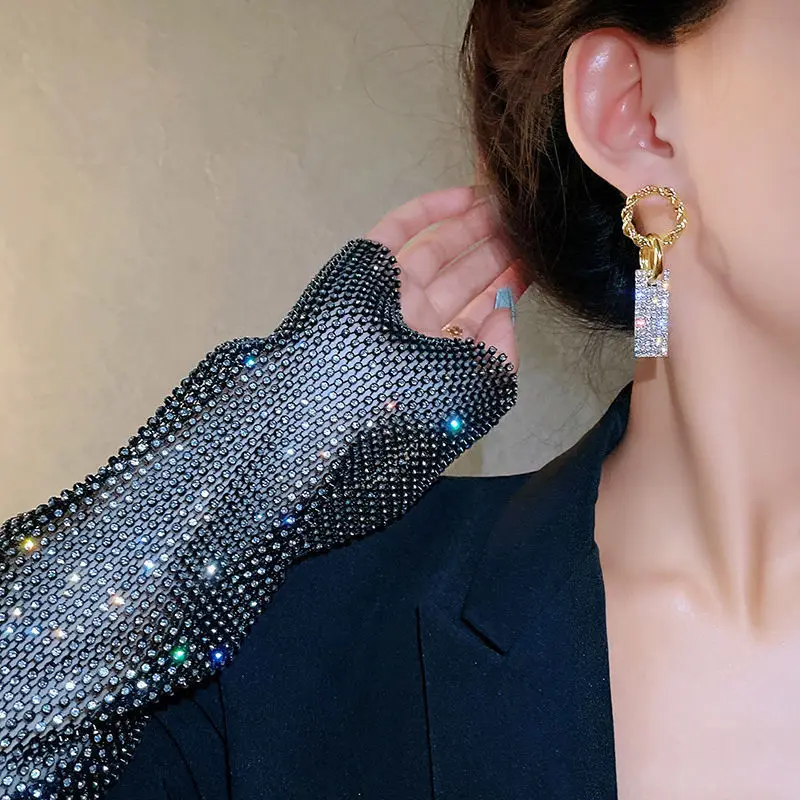 Pendant Earrings Golden Earrings France Style Women's Zircon Square Pendant Earrings Gold Color Round Shiny Earrings For Women Trendy Jewelry