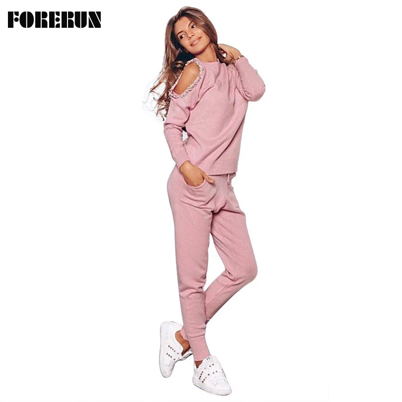 

FORERUN Cold Shoulder Sweater Suits and Pants Handmade Crystal Diamond Knitted Pullover and Pants Winter Autumn Costumes
