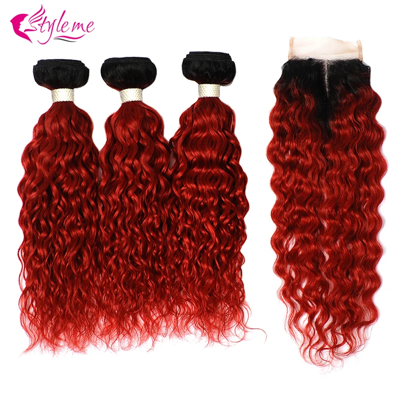 

Style Me Ombre Red Water Wave Bundles With Closure Brazilian Hair Weave Burgundy Colored Human Hair Bundles With Closure Nonremy