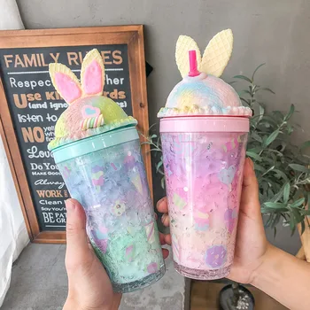 

Net Red Rabbit Eared Ice Cream Gradient Ice Cup Summer Double Plastic Cup Large Capacity Men and Women Students Straw Cup