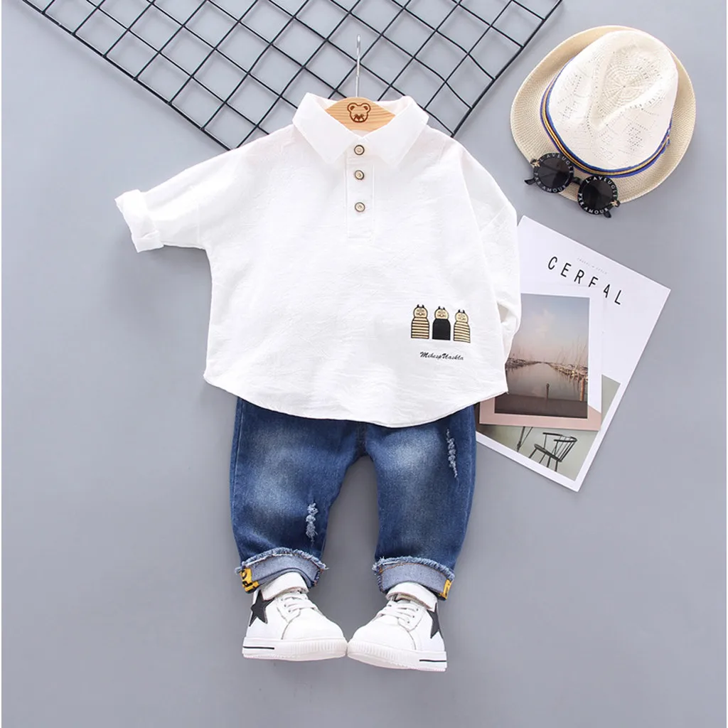 B Toddler Kids Baby Boys clothes ropa niña одежда для новорожденных Cartoon T Shirt Pullover Denim Long Pants Outfits Set#4 - Цвет: B