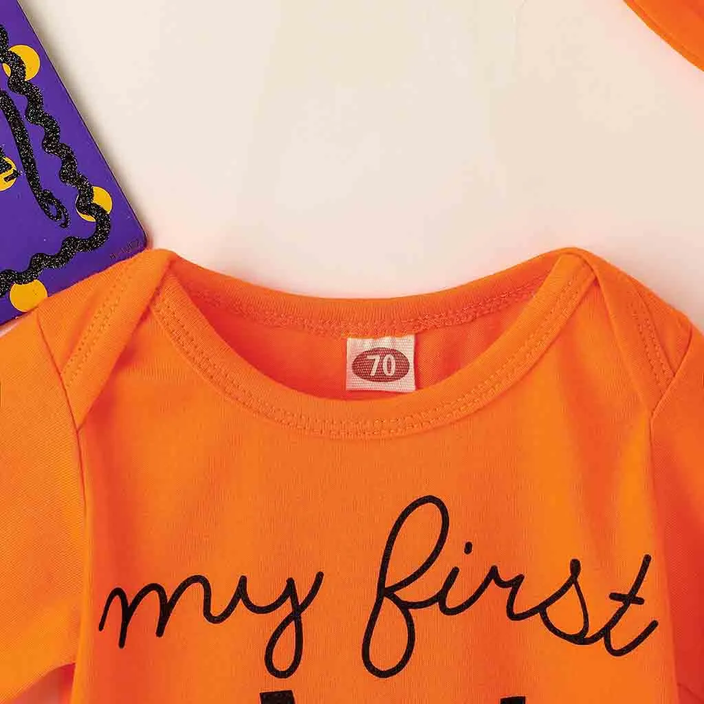 New Children Clothes Festival-wear Costume Newborn Infant Baby Boy Girl Halloween Letter Romper Pumkin Pants Hat Cap Outfit