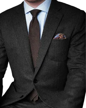 Najtaniej 2020 Formalne Zimowe Ciemnoszare W Jodełkę Biznesowe Garnitury Męskie ślubne Dostosowane Smoking Pana Młodego Slim Fit Groomsmen Blazer Masculino