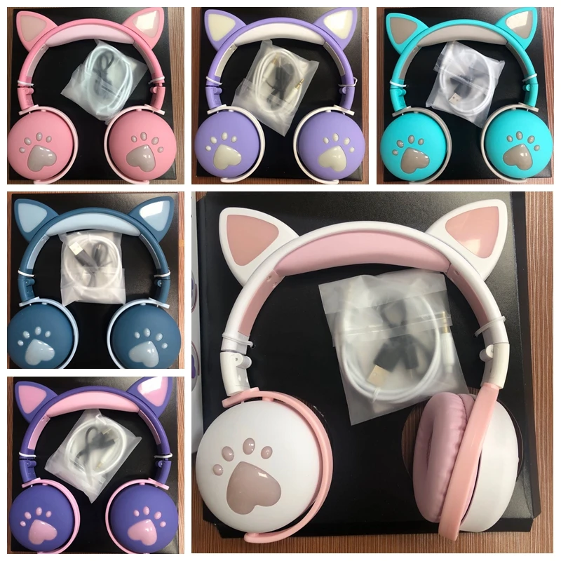 7 1 Stereo Cute Cat Bluetooth Wireless Headphone With Microphone Flashing light Noise Cancel Earphone Music Helmet Girl Kid Gift