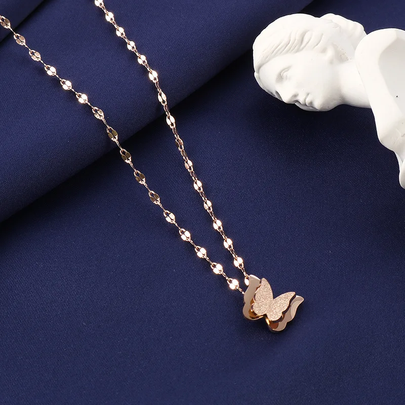 Delicate Stainless Steel Women Matte Butterfly Rose Gold Color Pendant Necklace Unique Femme Animal Choker Wedding | Украшения и