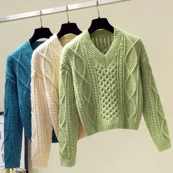 

Winter Women Sweet Knitted Sweater V-Neck Thickening Warm Knitting Slim Jumper Female Solid Casual Pullovers