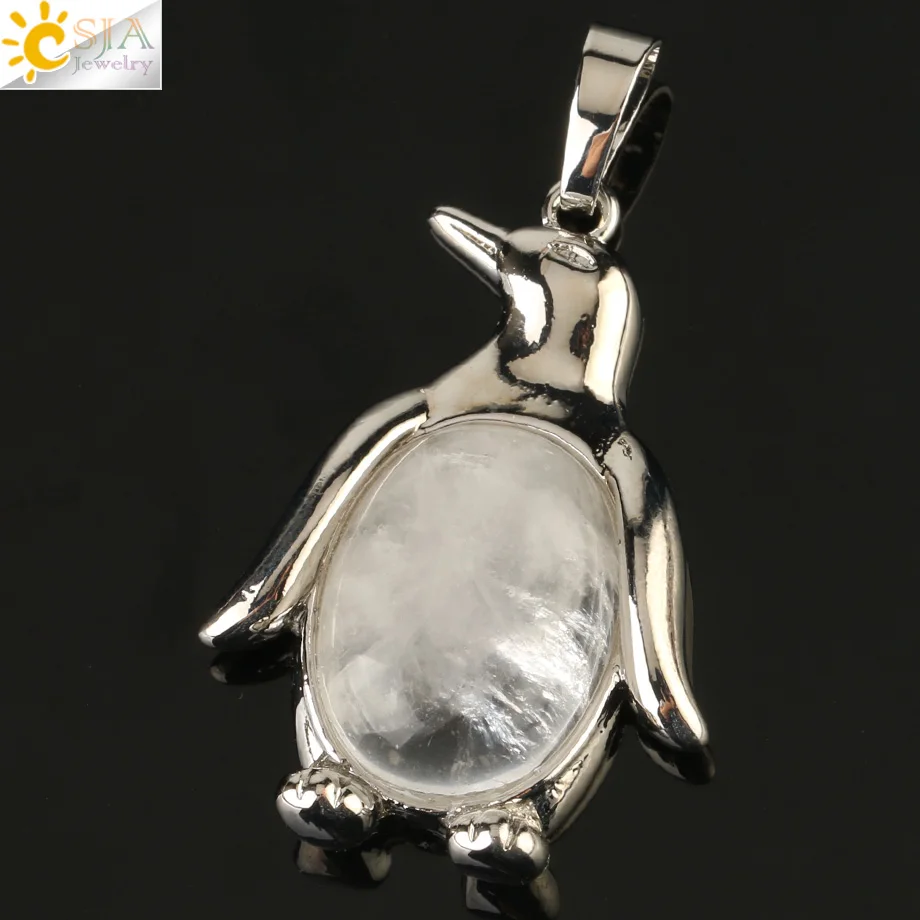 White Crystal Csja Penguin Подвеска для ожерелья для женщин девочек натуральный камень криатальный тигровый глаз милые животные мужские модные ювелирные изделия подарок на день рождения G179 - Окраска металла: White Crystal