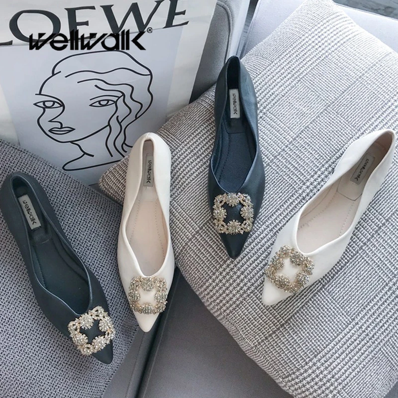 

Wellwalk Rhinestone Buckle Flat Shoes Women Slip On Ballet Flats Pointed Toe Female Summer Low Heel Moccasins Brand Buckle