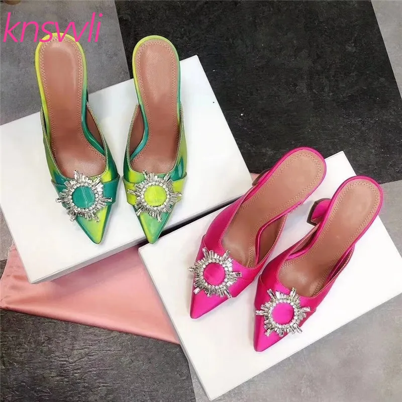 Knsvvli Sun Flowers Rhinestone Buckle Slippers Women Pointed Toe Satin Mules Shoes Women Wine Glass Heels Runway Shoes Woman