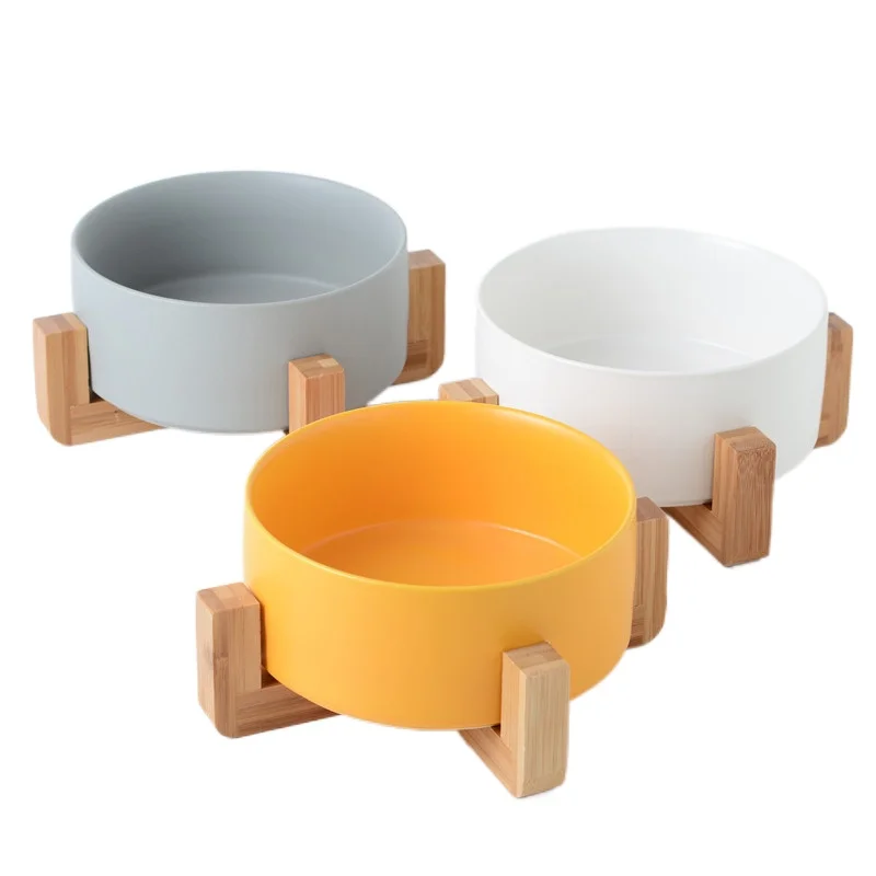 Cuenco antideslizante de cerámica para mascotas, cuencos de 12,8-20cm de diámetro, alimentador de perros y gatos con soporte de madera, suministros de comida para perros y gatos