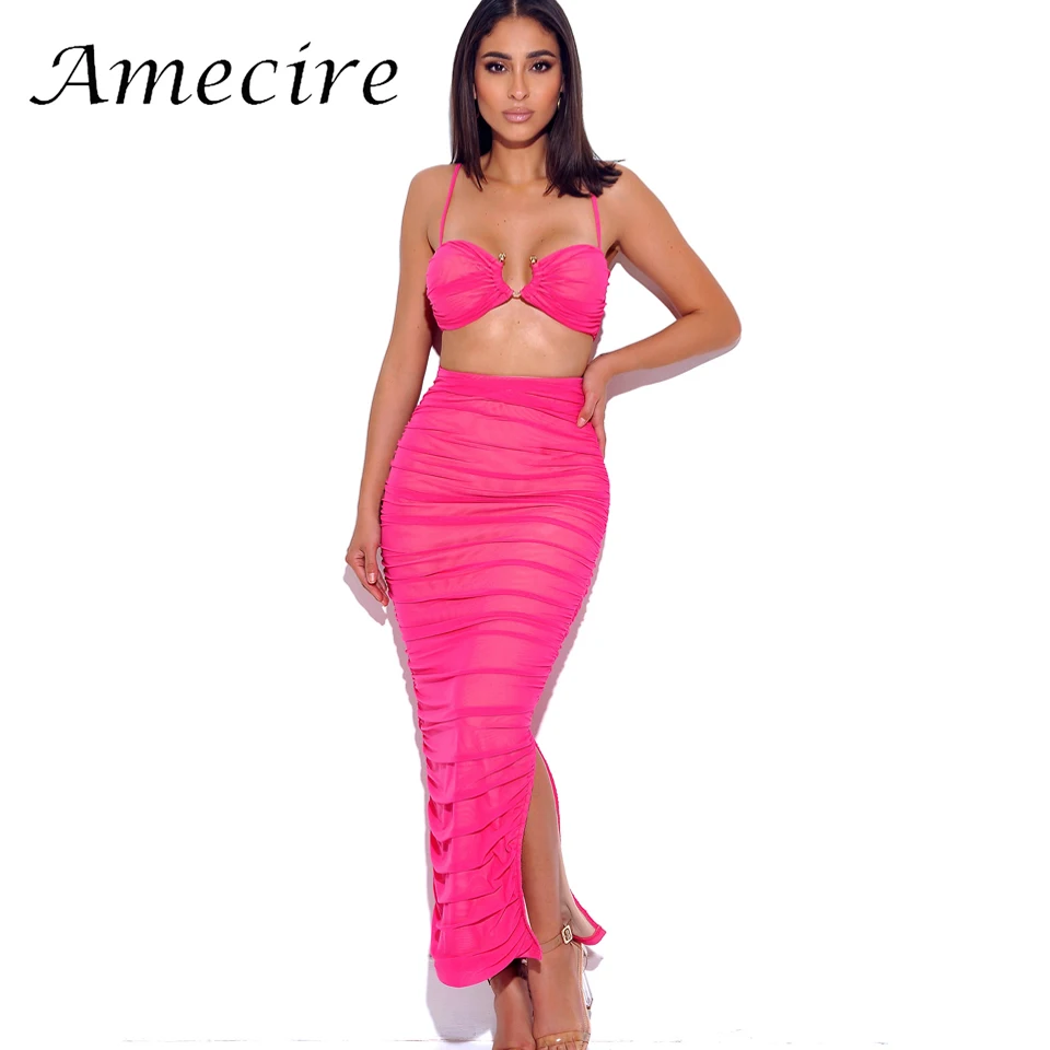 Amecire Women Summer Mesh Two Piece Sets Sexy Crop Top And Split Wrap Ruched Bodycon Maxi Skirt Hot Pink Lovely New Daily Outfit |