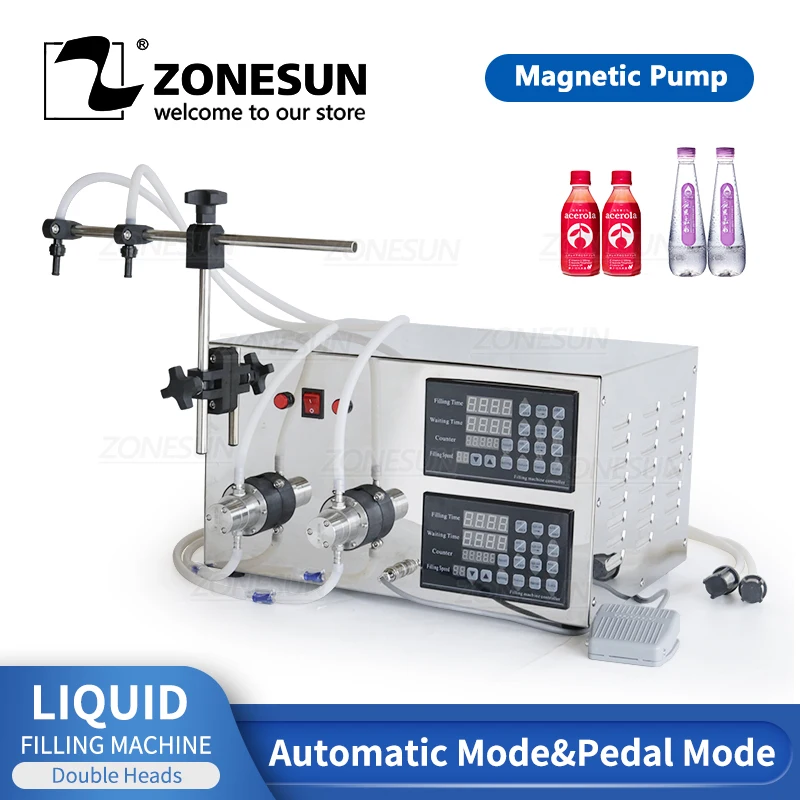 ZONESUN YG2 Semi Automatic Bottle Liquid Filling Machine Magnetic Pump Electric 2 Heads Soft Drink Essential Oil Water Juice |