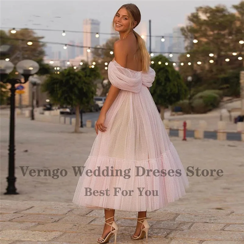 Blush Pink Prom Gown Tulle Off The Shoulder Party Dress For Women Simple A Line Evening Dress Elegant Prom Verngo evening dresses