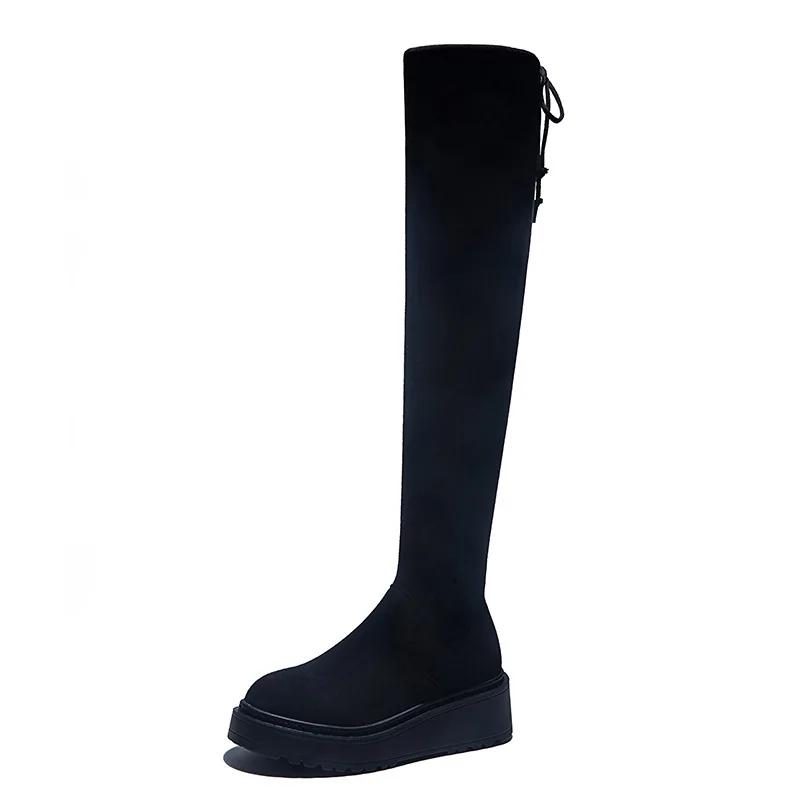 

Women Elastic Long Boots Lace Up Over The Knees Flat Boots Increased Wedges Women Boots 2020 Autumn Winter Women Shoes
