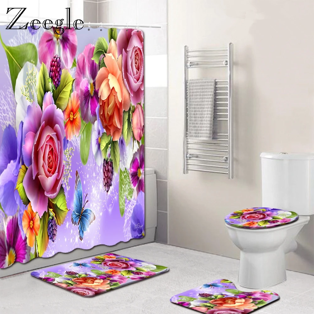 Floral Bath Mat and Shower Curtain Flower Shower Curtain Bathroom Carpet Toilet Bath Rug Foot Pad Toilet Shower Room Bath Mat