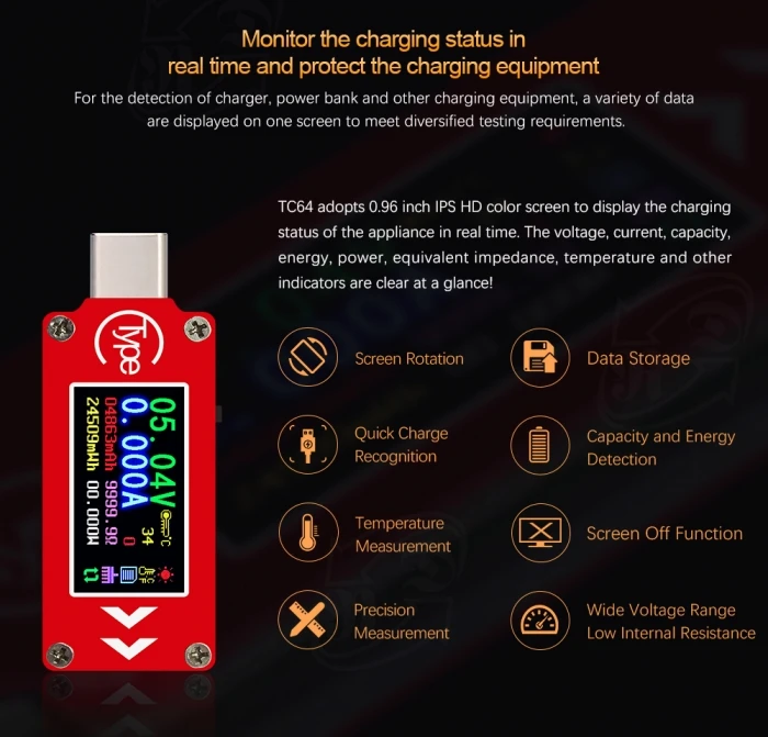 TC64 тип-c цветной ЖК-дисплей USB мини-Вольтметр Амперметр измеритель напряжения тока мультиметр батарея PD зарядное устройство USB Тестер
