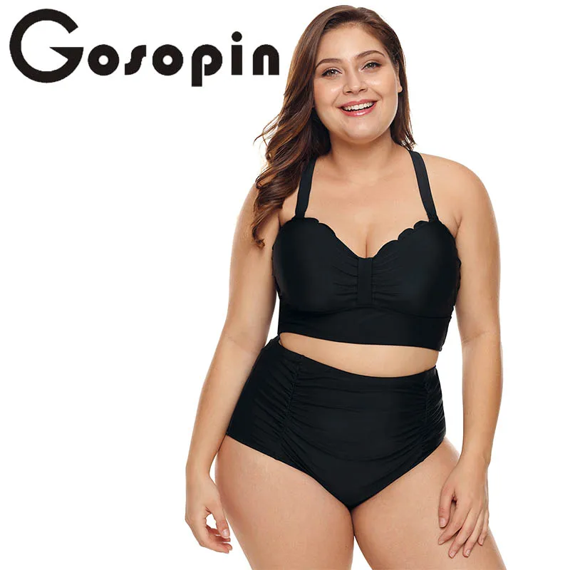 

Gosopin Plus Size Women Bikini Swimsuit 2 Pieces Black Scalloped Detail High Waist Push Up Swimsuit XXXL Bathing Suit LC410759