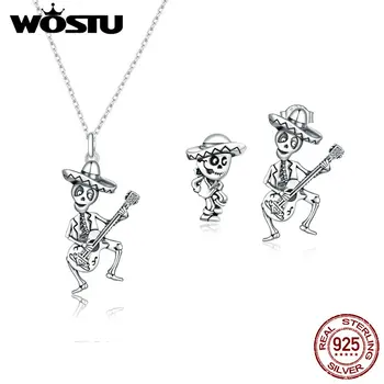 

Wostu Genuine 925 Sterling Silver Skull Man with Guitar Long Chain Clip Earrings and Necklaces Jewelry Sets for Women ZHS209