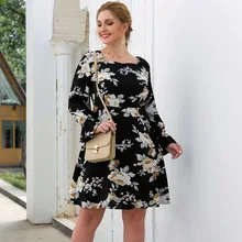 Европейский и американский стиль весна стиль лепесток длинный рукав квадратный воротник Высокая талия Мода Большой размер женское платье с принтом D