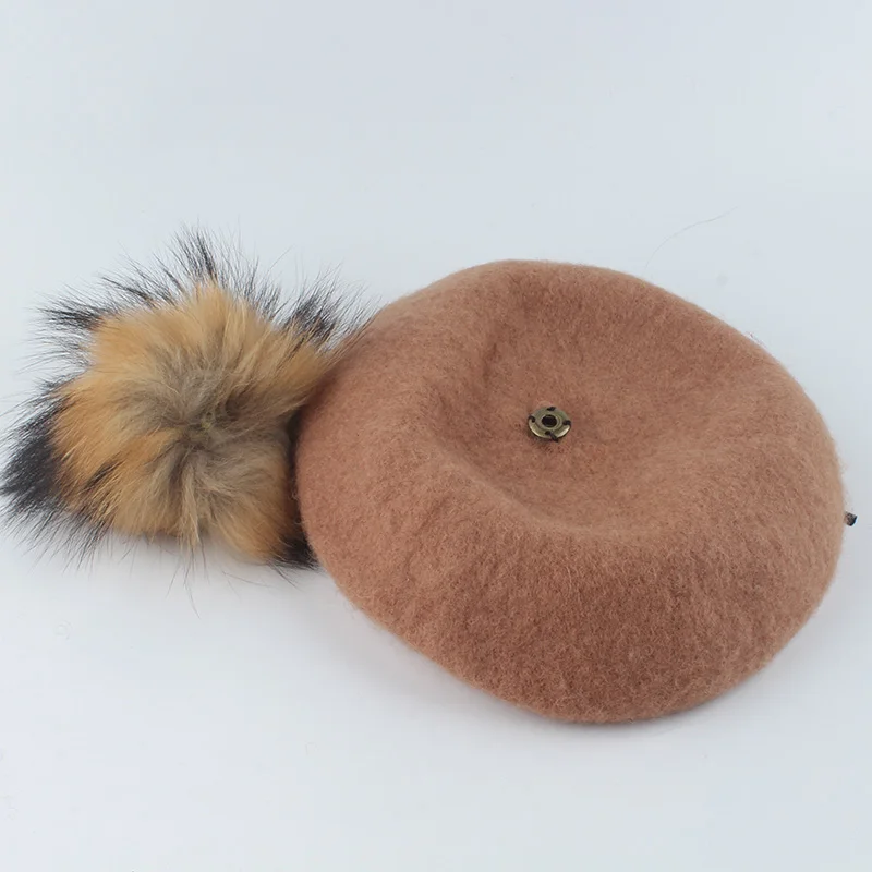 Autumn Winter Wool Beret Real Fur Pompom Beret Hat For Kids Women
