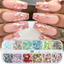 12 grades prego glitter lantejoulas irregular misturado flocos paillette dicas estrela redonda cromo pigmento diy decoração da arte do prego