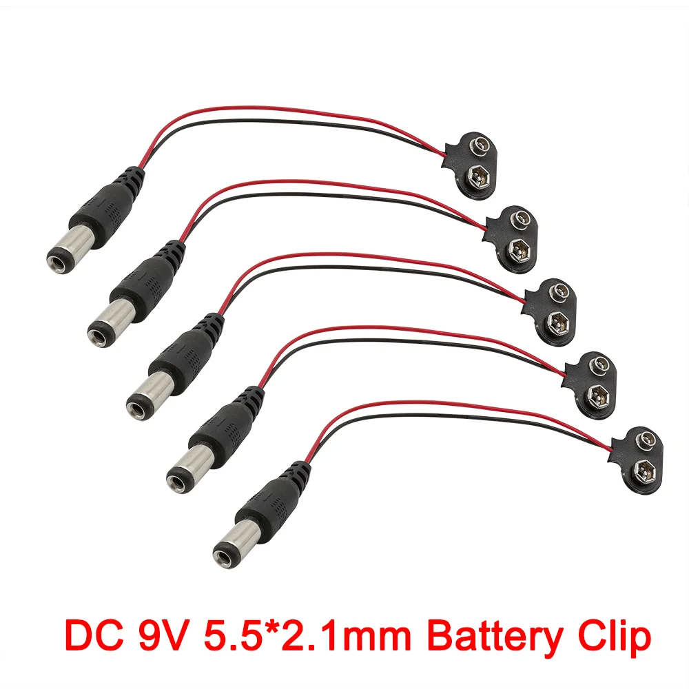 5pcs/lot Dc 9v T Type Battery Clip Connector 2.1 X 5.5mm Male Plug To