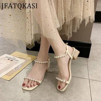 

Women Sandals Summer Shoes Thick High Heels Ankle Strap Woman Party Shoes Brand Fashion Pearl String PU Leather Sandals 2020 New