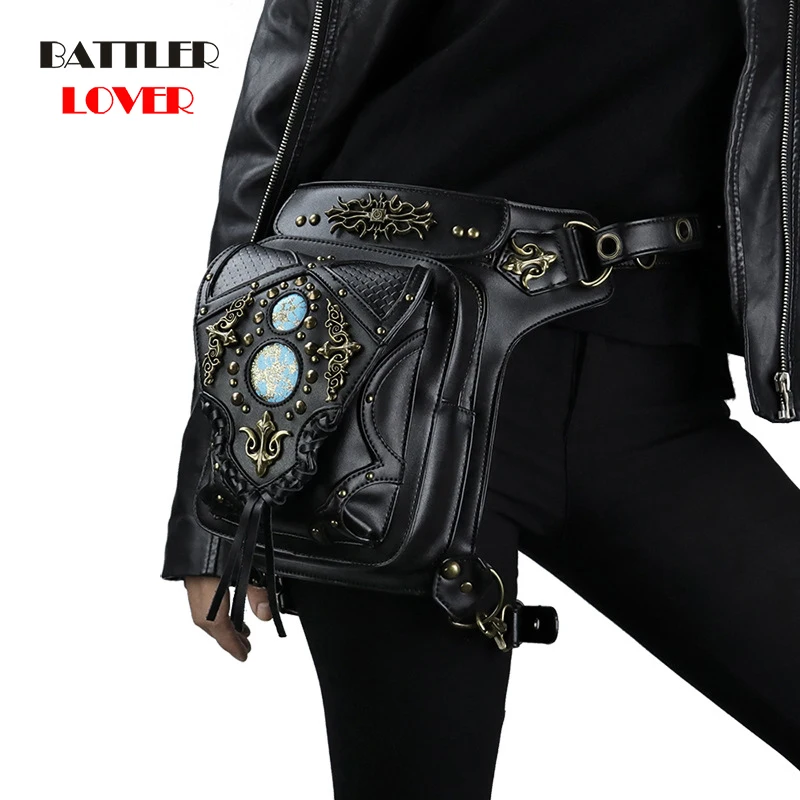 Steampunk Waist Bags Vintage Women Black Leather Street Style Mini Motorcycle Leg Thigh Holster Bag Crossbody Bag Hip Hop Punk