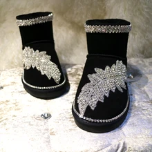 Роскошные женские зимние теплые ботинки с блестящими Стразы блестящая замша; низкий каблук; зимние сапоги, ботильоны для Для женщин, женские сапоги на меху, ; Botas Mujer