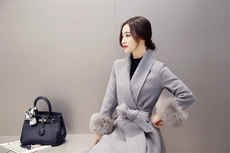 Длинное пальто для женщин зимнее корейское тонкое женское ветровка с имитацией лисьего меха размера плюс 3XL
