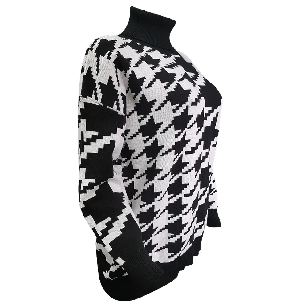 Long Sleeve Sweater Women Turtleneck Black Casual Knit Mini Houndstooth Vintage Loose Casual Sweater Female Pullover Knit Top