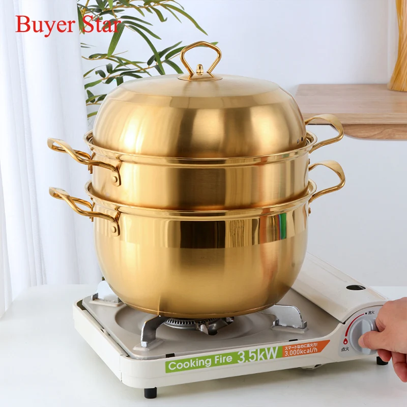 

Golden 3-layers Stainless Steel Steamer Pot Gas Stove Cookware Steamed food Soup Cooking Pots Tools Induction Cooker Household