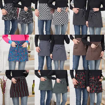 

apron Striped Plaid Half-Length Short Waist Apron with Pocket Catering Chef Waiter Bar фартук кухонный
