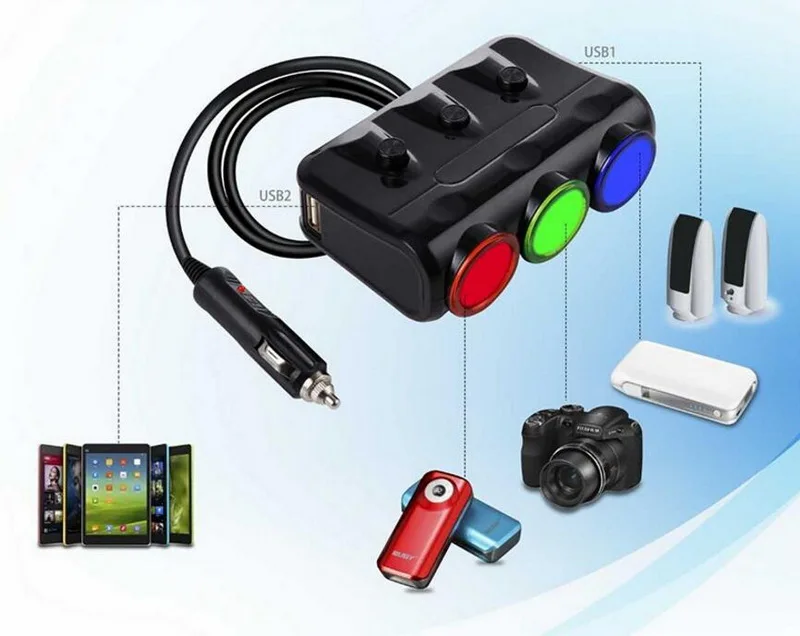 Прикуриватель 3 гнезда для Android 12-24V сплиттер цифровой ЖК-дисплей адаптер питания зарядное устройство для телефона Iphone