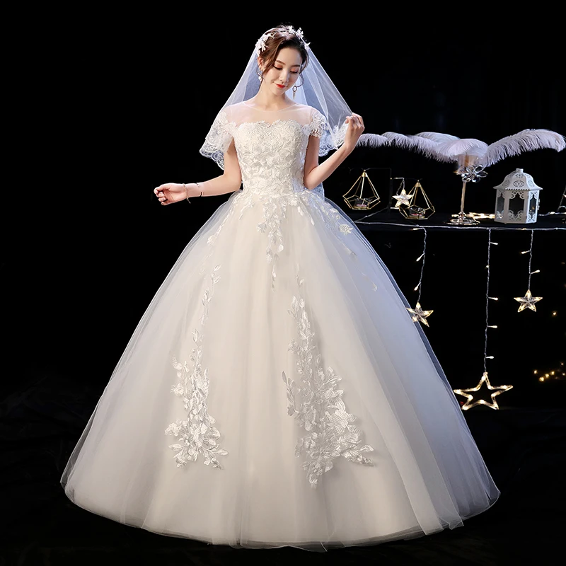 Кружевное свадебное платье с цветочным узором и высоким вырезом, платье с аппликацией-De-Mariee, недорогое бальное платье Vestidos-De-Novia, одежда для сна, топ на плечо, 312a