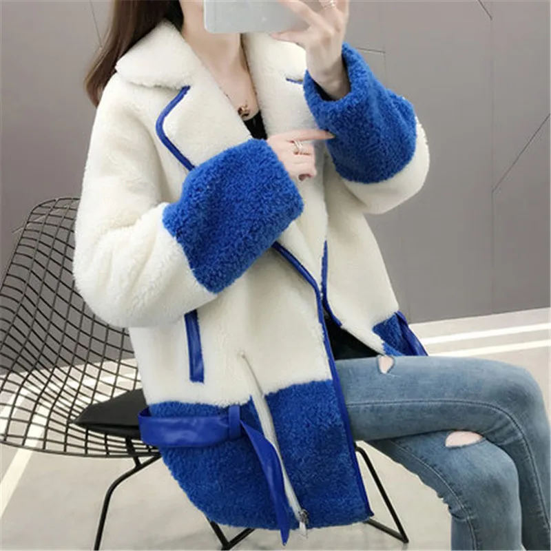 blue Весенняя короткая куртка из овечьей шерсти, новинка года, осенне-зимняя женская Корейская куртка с мехом ягненка, один кардиган, пальто, топы v977 - Цвет: blue