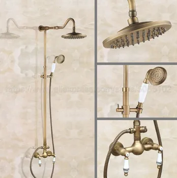 

Antique Brass Wall Mount 8 inch Bathroom Shower Faucet Mixer Taps Dual Handle with Hand Held Shower zan508