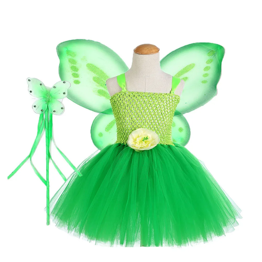 Комплект с юбкой-пачкой для девочек «Динь-Динь» зеленое платье феи «Динь-Динь» для маленьких девочек на день рождения, маскарадный костюм с крыльями для праздников и выступлений