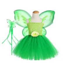 Комплект с юбкой-пачкой для девочек «Динь-Динь» зеленое платье феи «Динь-Динь» для маленьких девочек на день рождения, маскарадный костюм с крыльями для праздников и выступлений