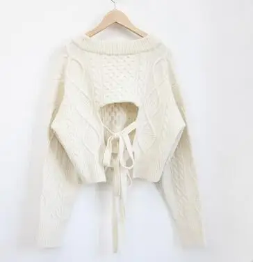 sweater Вязаный джемпер с тесьмой, короткий стиль, укороченный пуловер, свитер, женский топ с завязками на спине, осенняя футболка, Mujer Pull Femme - Цвет: sweater
