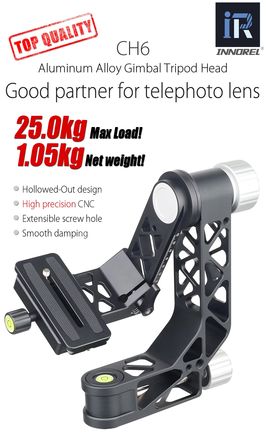 INNOREL CH6 Gimbal панорамная головка штатива с Quich Release Plate для телескопа вращение на 360 ° Высокая точность CNC, максимальная нагрузка 25 кг
