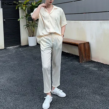 

INCERUN 2020 Men Sets Short Sleeve Solid Breathable Lapel Shirt Casual Button Pants Loose Mens Suits Streetwear Two Pieces Sets