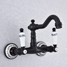 Kitchen Wet Bar Bathroom Vessel Sink Faucet Black Oil Rubbed Brass Wall Mounted Swivel Spout Mixer Tap Dual Ceramic Lever msf761