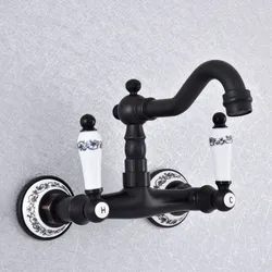 Kitchen Wet Bar Bathroom Vessel Sink Faucet Black Oil Rubbed Brass Wall Mounted Swivel Spout Mixer Tap Dual Ceramic Lever msf761