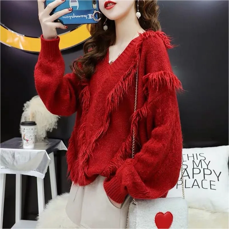 

Women Fashion Tassel Knitted Sweater Pullover 2019 Autumn Winter Loose Fringe Sweater Female Casual V Neck Jumper Pull Femme