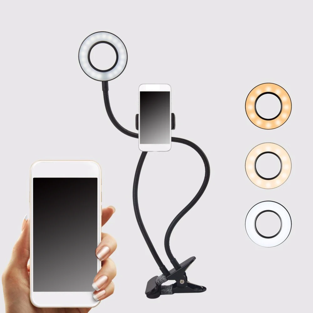 2-в-1 держатель сотового телефона со светодиодный селфи кольцо светильник для трансляция Телефон Клип держатель Регулируемая Настольная лампа макияж светильник