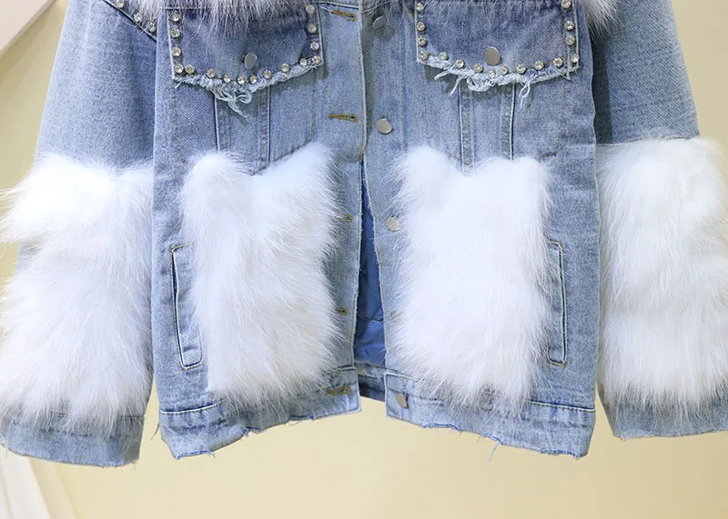 Autumn and Winter Cotton Coat Female Fox Hair Spliced Thickened Jeans Jacket Womens Warm Denim Jackets Women's Cowboy Parka Tops