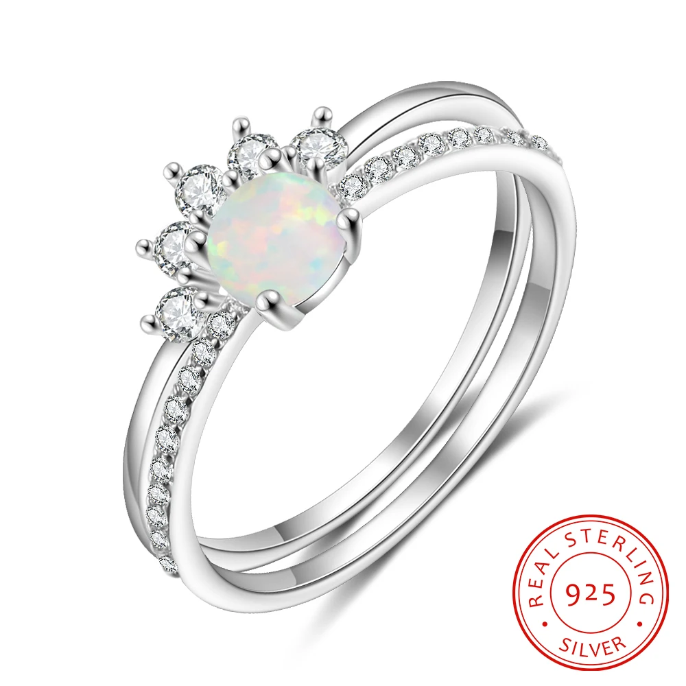 

2 Pcs/Set 925 Sterling Silver White Opal Ring Simple Geometric Stackable Ring Zircon Finger Rings for Women Silver 925 Jewelry